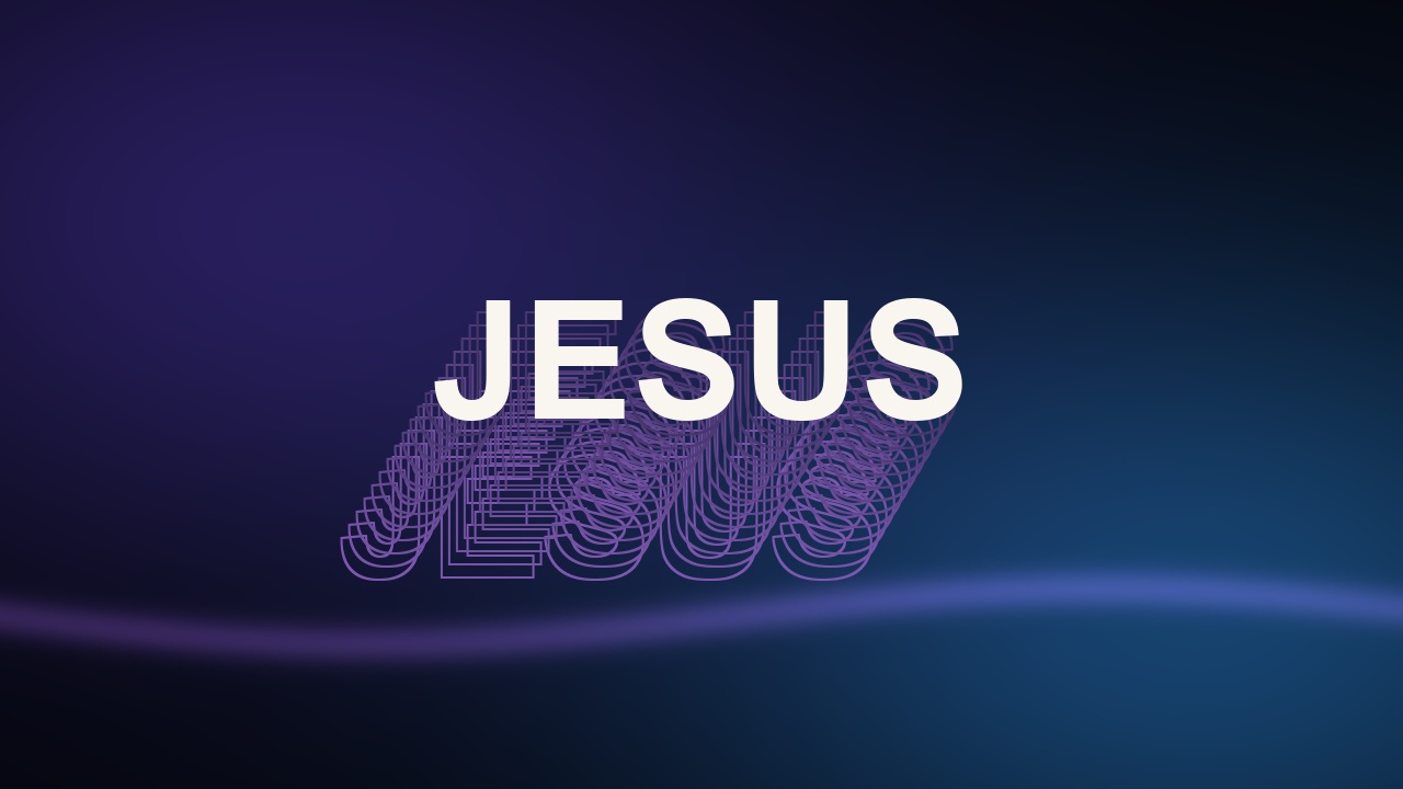 JESUS in crisp ivory type, with violet contours and a radiant horizon.