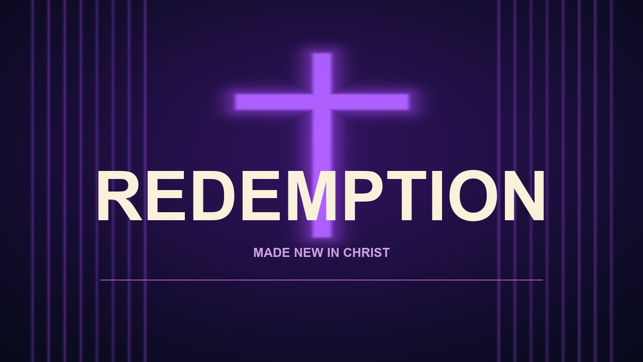 REDEMPTION framed by a violet cross and geometric light.