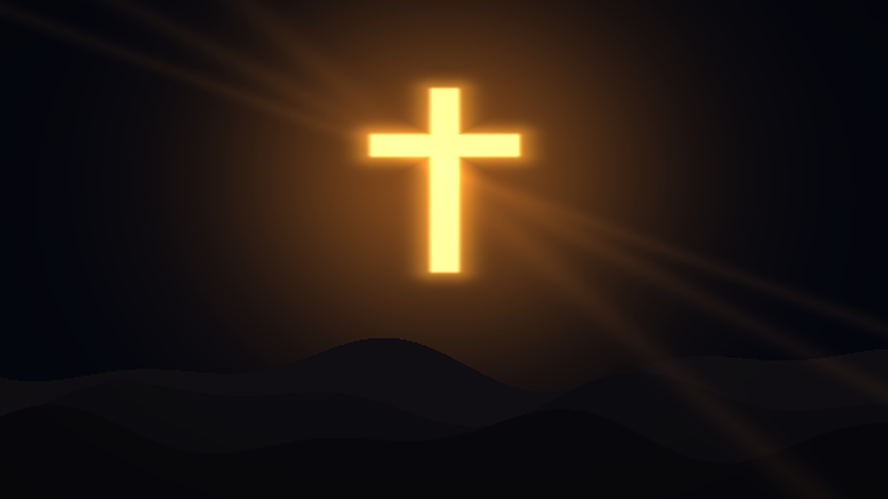 A luminous cross above a sculpted horizon, with slow amber light.