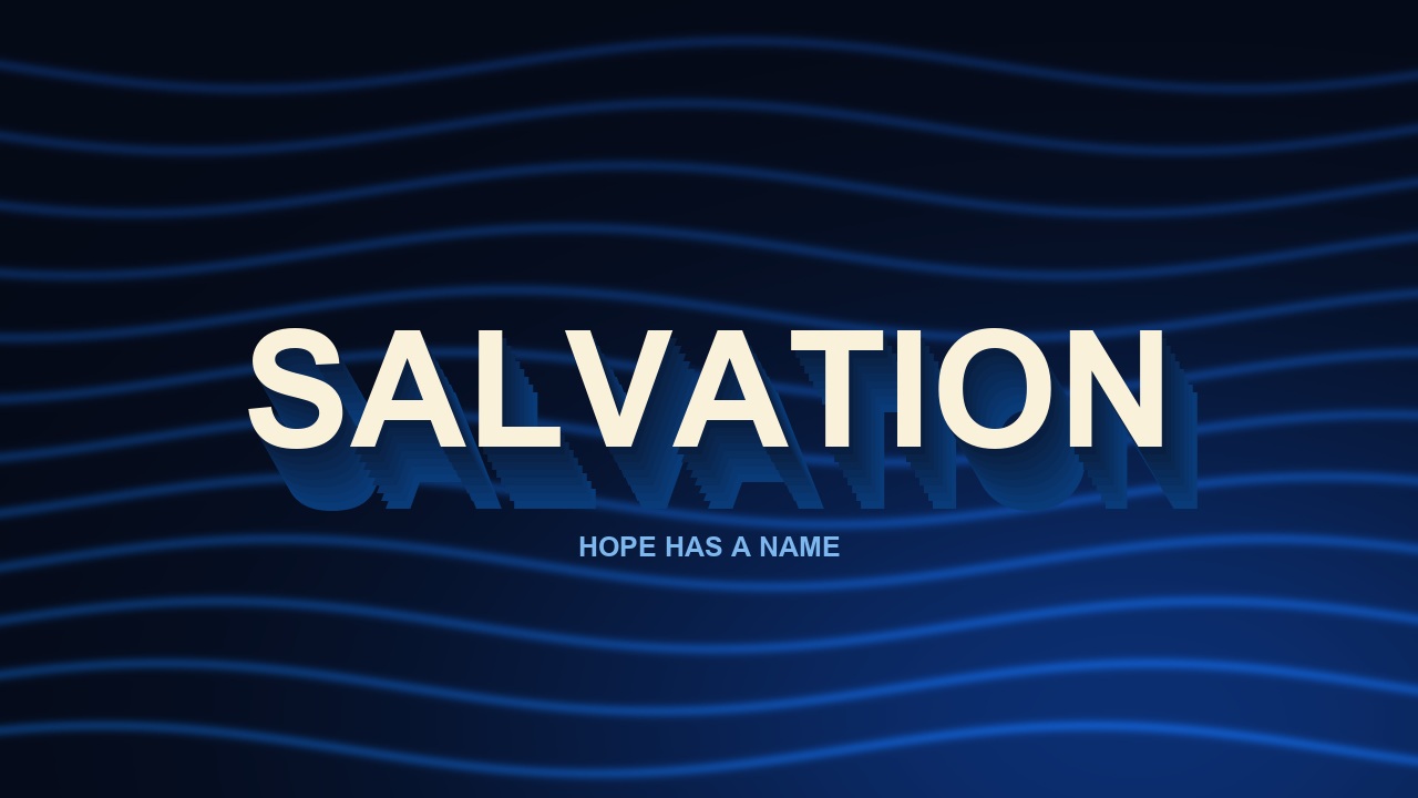 Bold SALVATION typography with flowing electric-blue contours.